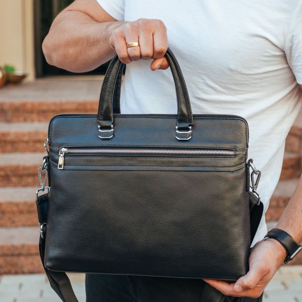 Шкіряна чоловіча сумка для документів та ноутбука чорна Tiding Bag  NV23712