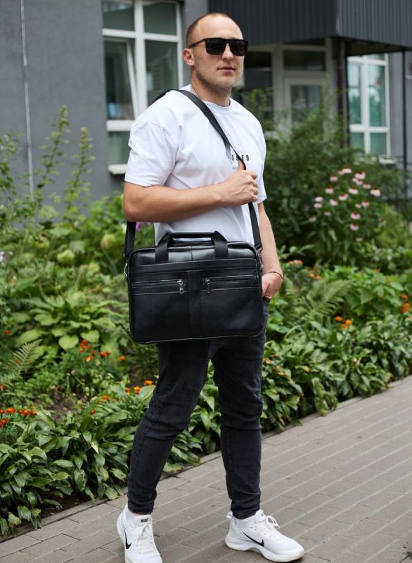 Чоловічий шкіряний діловий портфель для ноутбука чорний TD-23995 Tiding Bag