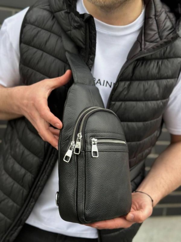 Чоловіча сумка-бананка через плече 18х32х7 з натуральної шкіри TIDING BAG 3280 чорна