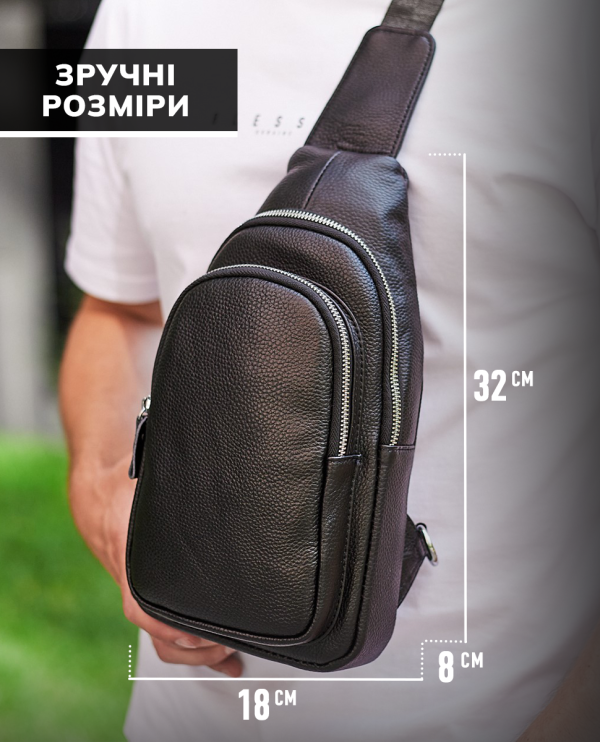 Слінг шкіряний чоловічий на плече18х32х8 для студента TIDING BAG TH-73583 чорний