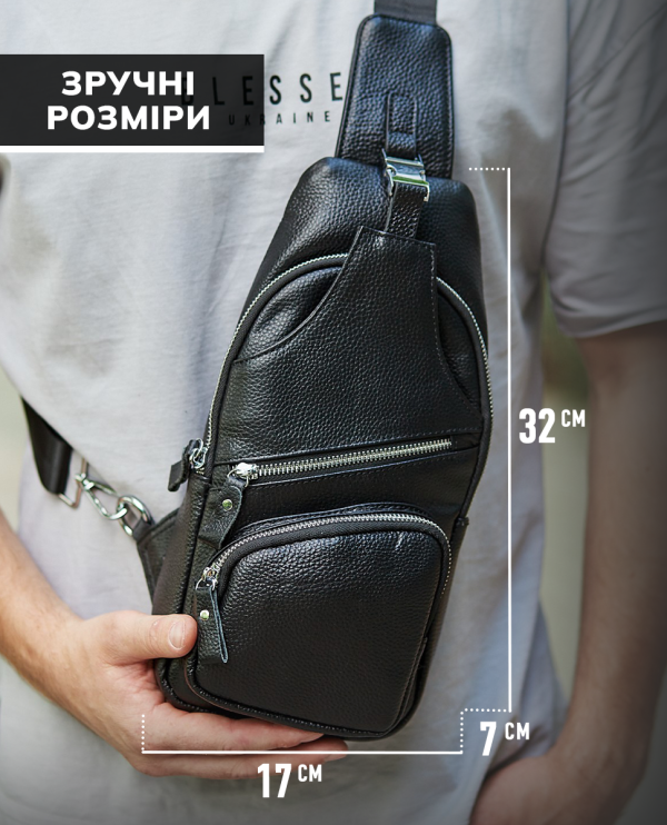 Чоловіча шкіряна сумка-слінг 17х32х7 для роботи та офісу TIDING BAG MK-96303 чорна