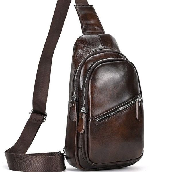 Чоловічий шкіряний слінг на одне плече 18х32х7 для міста TIDING BAG 62867 коричневий