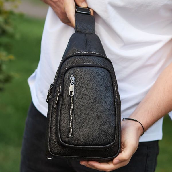 Сумка слінг чоловіча через плече 19х31х7 з натуральної шкіри TIDING BAG 32545 чорна