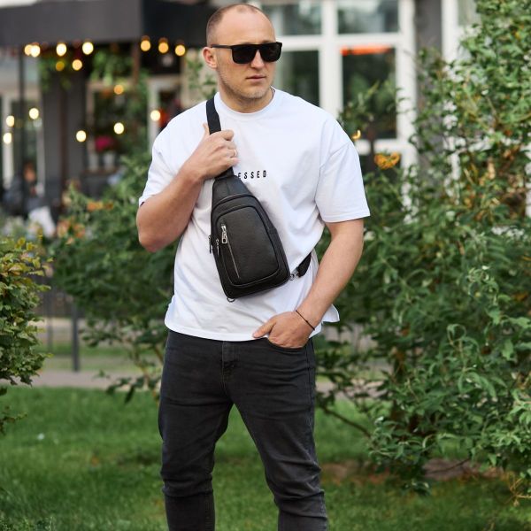 Сумка слінг чоловіча через плече 19х31х7 з натуральної шкіри TIDING BAG 32545 чорна