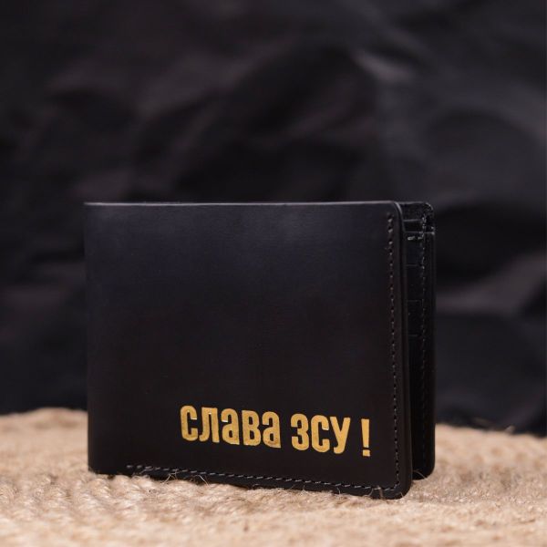 Відмінний шкіряний гаманець без застібки Слава ЗСУ Grande Pelle 16754 чорний
