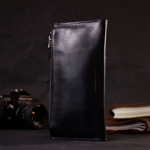 Стильный кошелек с монетницей снаружи из натуральной кожи Grande Pelle 11646 черный